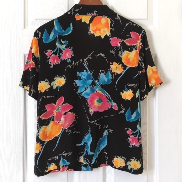First Option 90's Vintage Colorful Floral Short Sleeve Button Down Top Black M - Picture 10 of 11